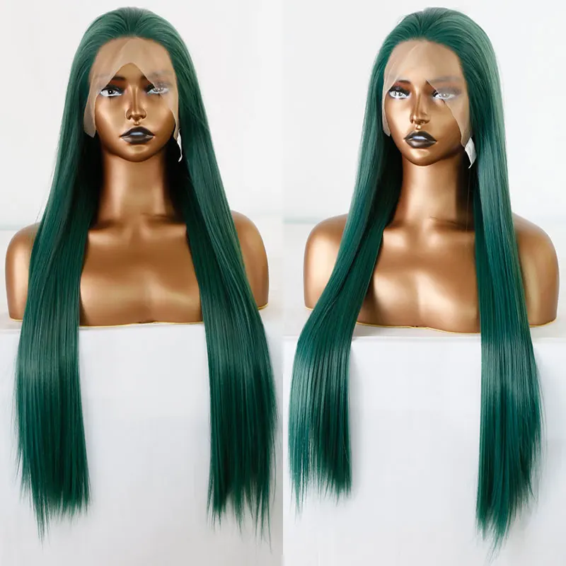 Bombshell Dark Green Hair Color Straight Synthetic Lace Front Wigs High Quality Heat Resistant Fiber Hair For Women Daily Use