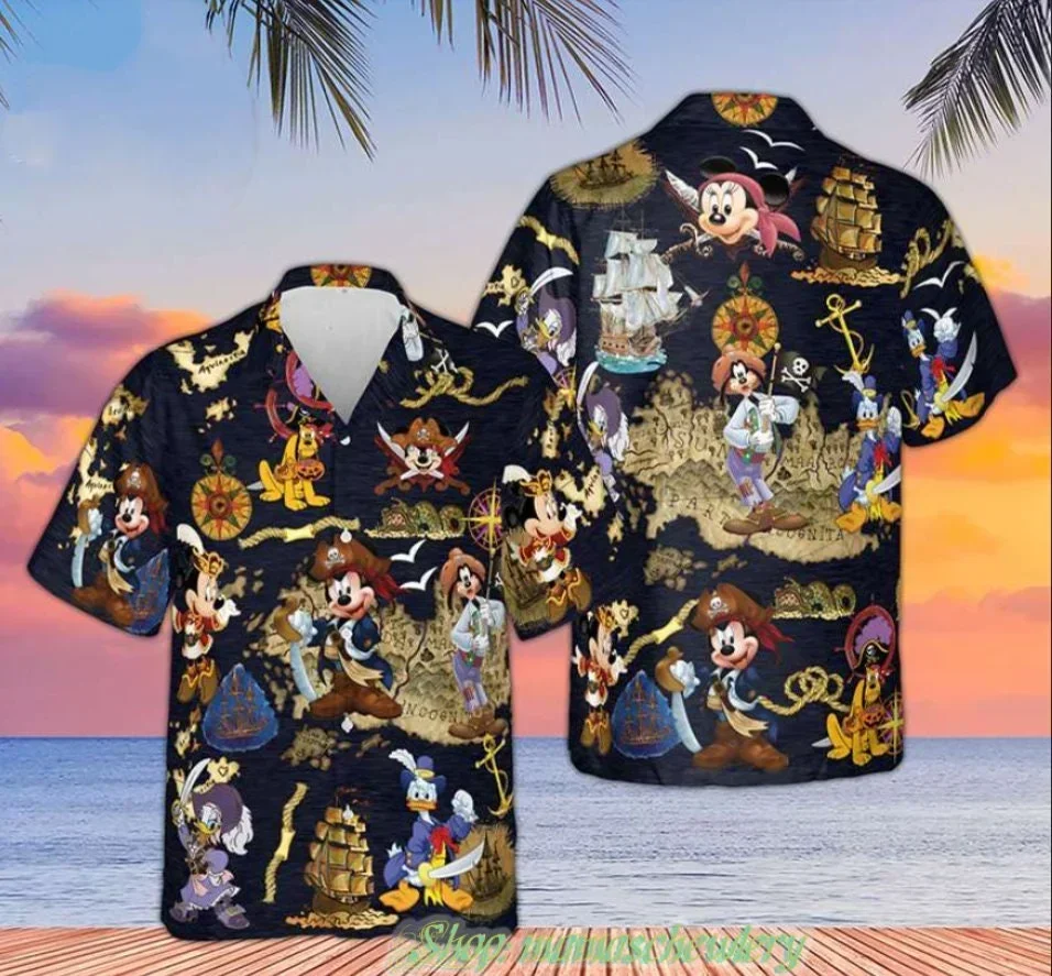 Homens e mulheres Disney Piratas Camisa havaiana, Mickey Mouse, Mapa do Tesouro, DisneyButton Down, Camisa de praia casual