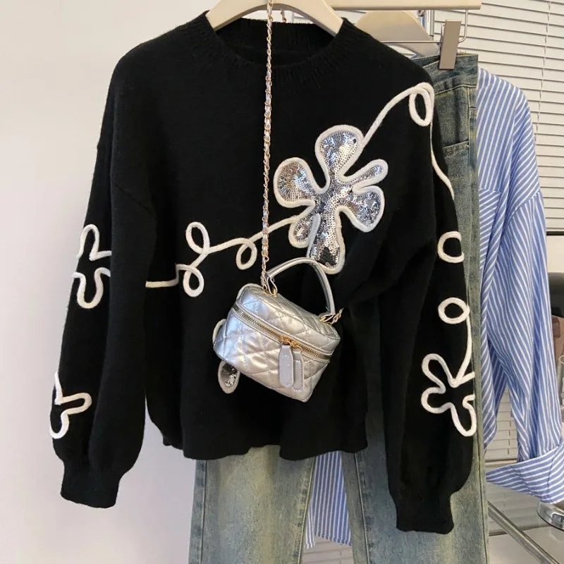 

Floral Sequin Women Sweater Autumn Winter Korean Fashion O-Neck Long Sleeve Casual Pullovers Knitwear Tops Female Pulls Jumpers