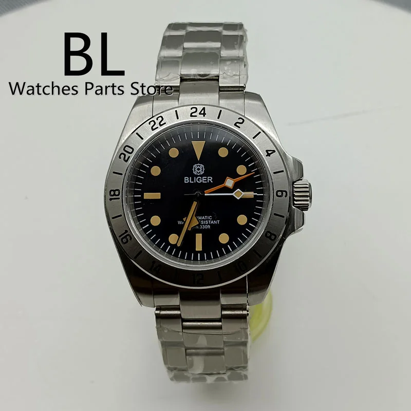 BLIGER 40mm Vintage NH34 GMT EXP Watch For Men Explore Black White Dial Orange Snowflake GMT Hands Green Lunimous Sapphire Glass