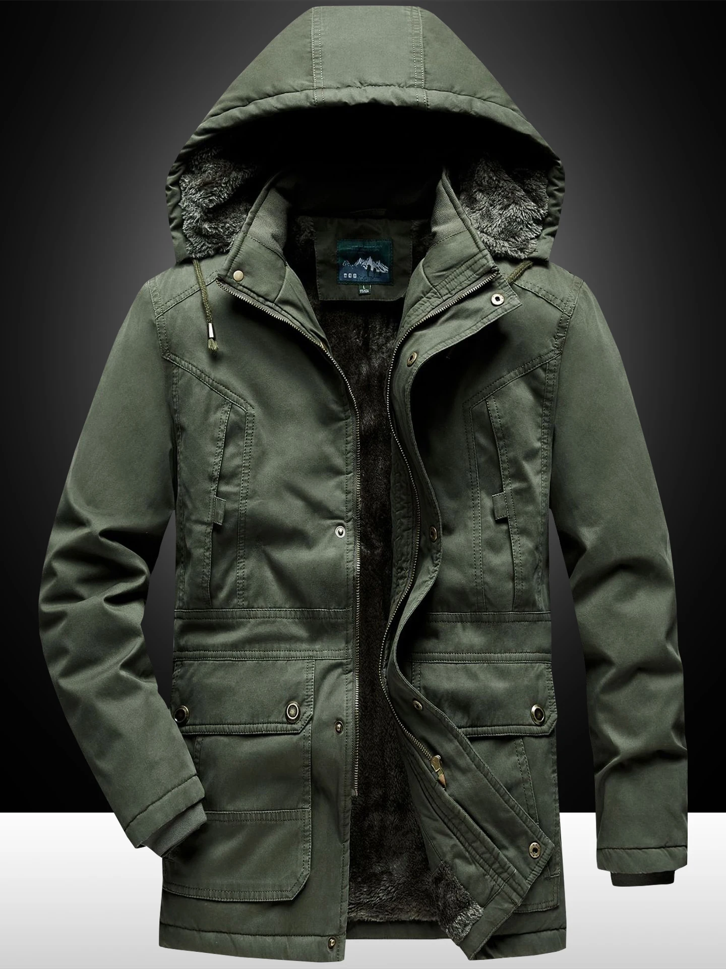 

Winter Cotton Jaet Men's Multi-ket Pure Cotton Loose Large Size Lamb Velvet Cotton Coat Mid-Length with Hat Fce Lined...