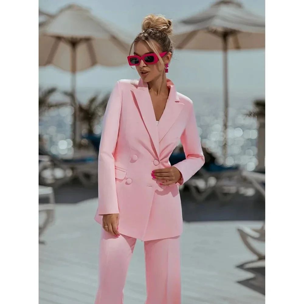 Chic  Pink two Pieces Suit Set for Women Slim Fit Office Business Female Clothing One Button Peak Lapel Jacket Pant Set