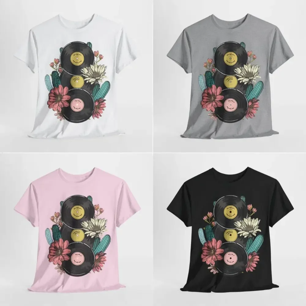 Cacti Flower Vinyl Records Retro Vintage T-shirt Unisex Heavy Cotton Tee Western Gift for Country Summer Tee Funny Wild West Tee