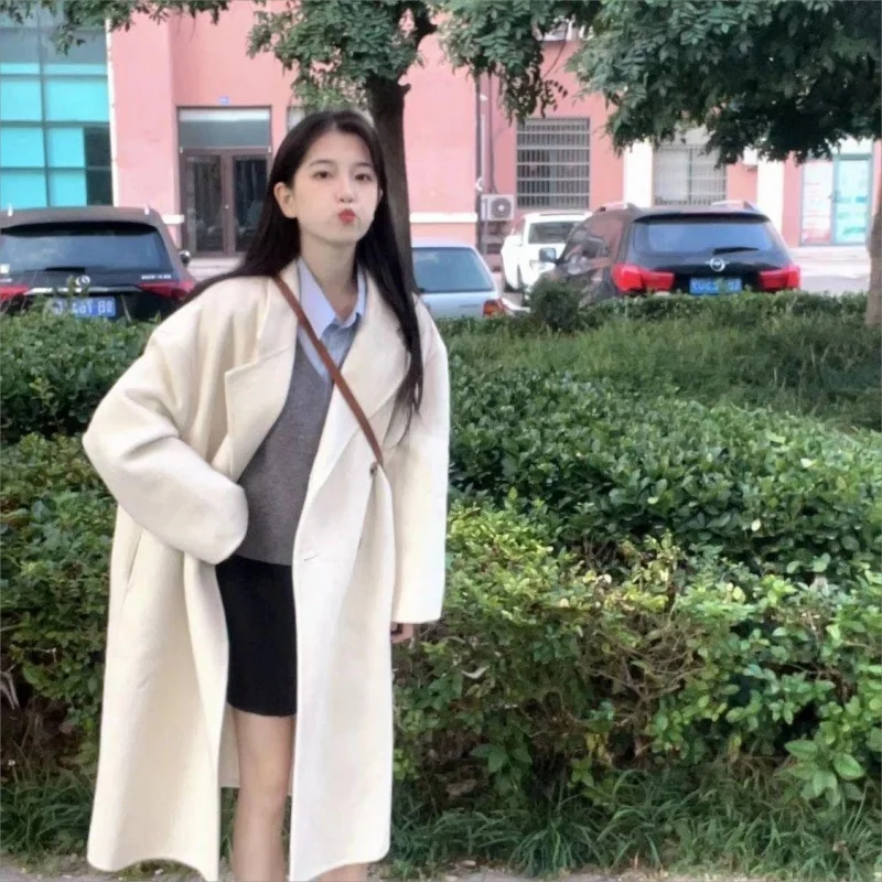 

2024 Autumn Women Drouble Breasted Woolen Coat Loose Style woolen Winter Clothes mid-length Coats Tops New
