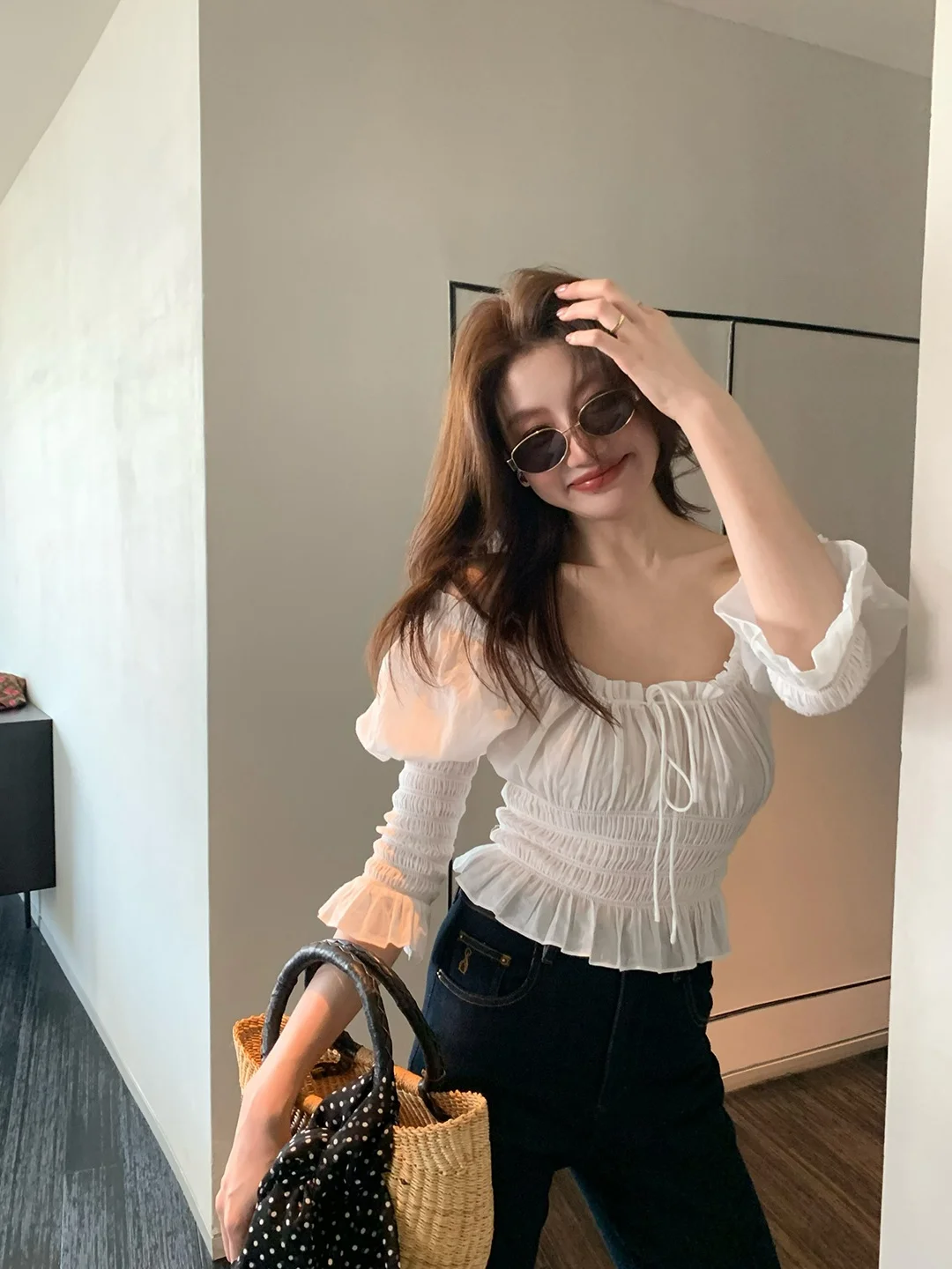

Pure Desire Lace Bubble Sleeve Waist-Cinching Women's Top Spring Summer Cotton Long Sleeve French Style Casual Wear Z596