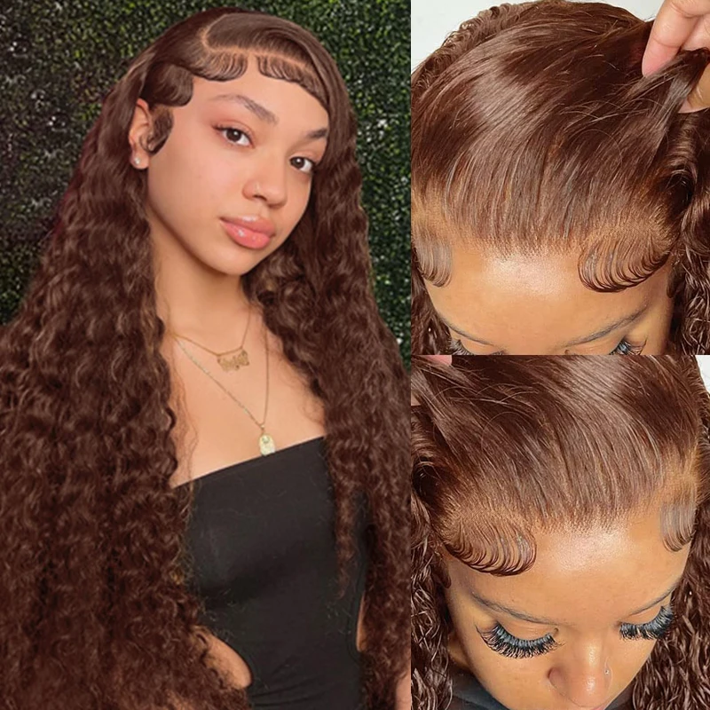 chocolate brown water wave 13x4 13x6  lace front wigs human hair curly wigs for women wet and wave pre plucked with baby  hair