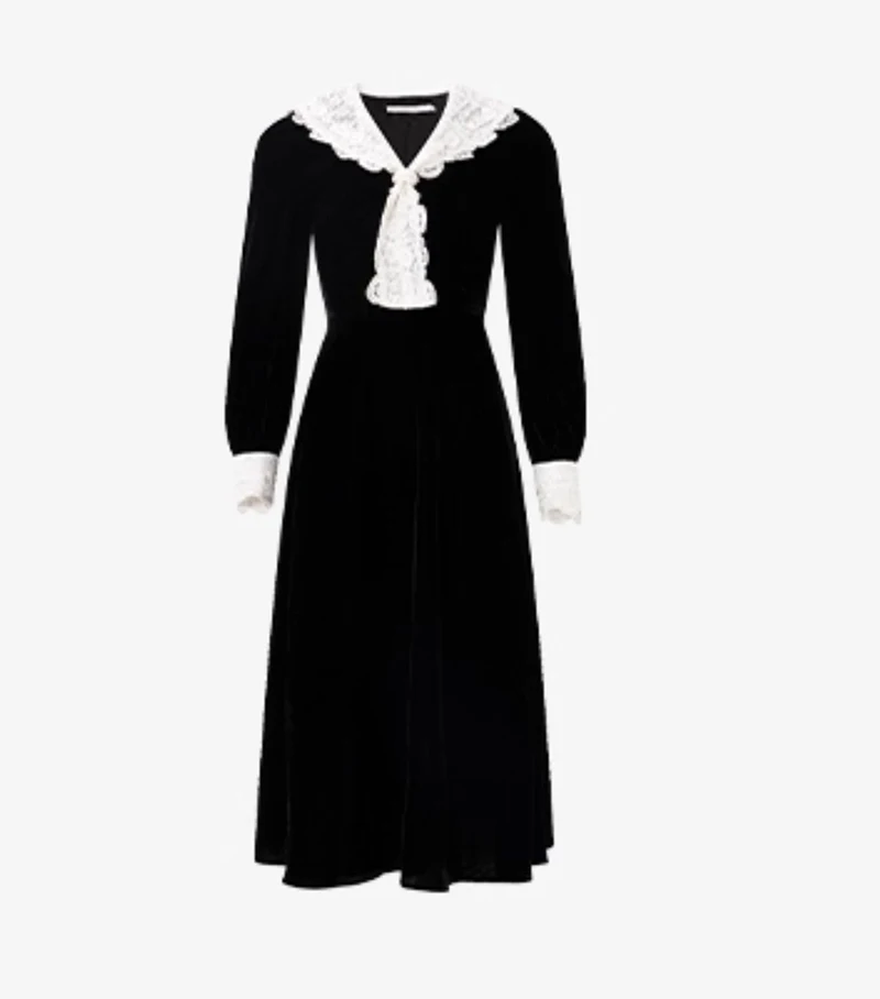 فستان نسائي مخملي من الحرير الطبيعي النقي مع رقبة على شكل حرف V من الدانتيل، يتميز بنمط قديم وأنيق، مناسب للنساء. لينة حساسة.