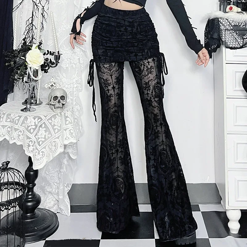 Gothic wrapped skort flare pants women high waist lace up bell bottoms y2k trousers Korean style pantalones mujer see through