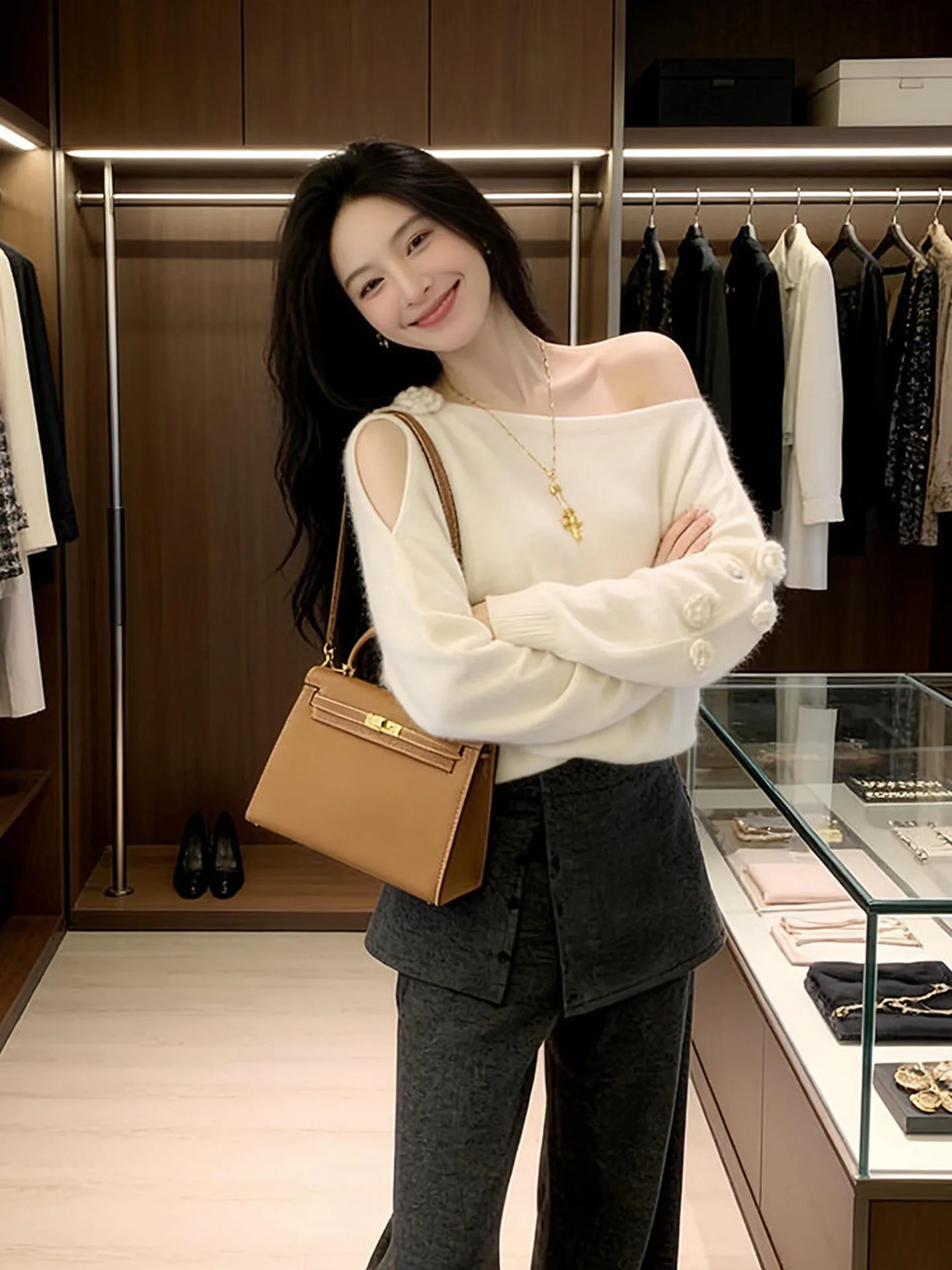 

Korean Sle Loose Long Sve Hollow out Knitted oulder Bared Sweater Women's Winter Faion Casual White 3D Flower Design...