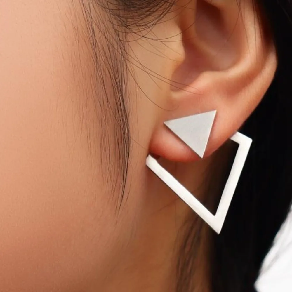 Minimalist Geometric Double-layer Hollowed-out Triangular Front Back Stud Earrings for Women Creative Jewelry Two Ways To Wear