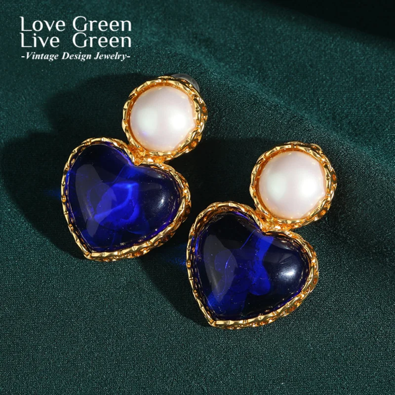 

Vintage Blue Glaze Heart Earrings Pearl Love Round Gold Color Jewelry Designer Luxury For Woman Accessories Quality Wedding 2025