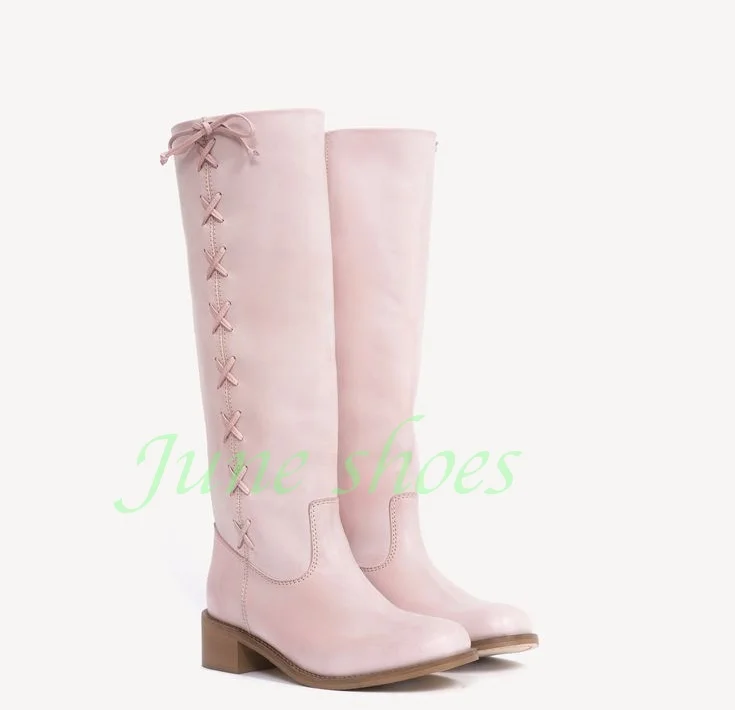 Women Pink Faux Pu Round Toe Knee High Boots Corset Lace Up Bow Low Heel Vintage Western Cowboy Riding Boots Fall Casual Boots