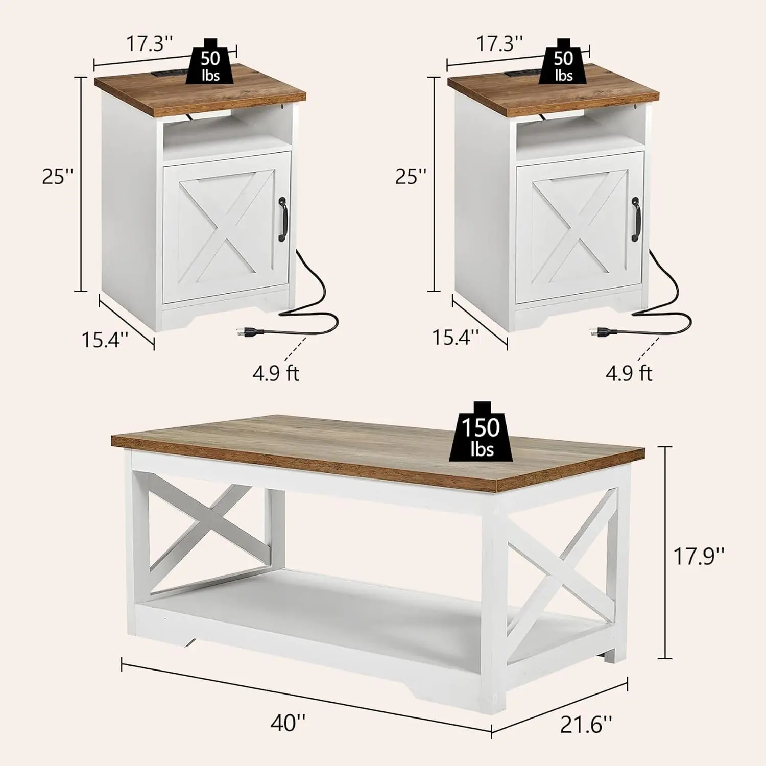 3-Piece Farmhouse Table Set with Barn Door & Charging Station, White Coffee Table & 2 End Tables with USB Ports, Customized