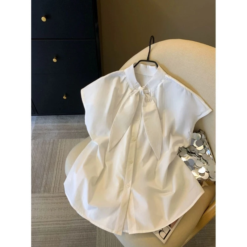 Lacing Short Sleeve Loose Solid Korean Shirt Tops Women Clothing New Summer Youth All-match Button Fashion Blouse Casual Trend