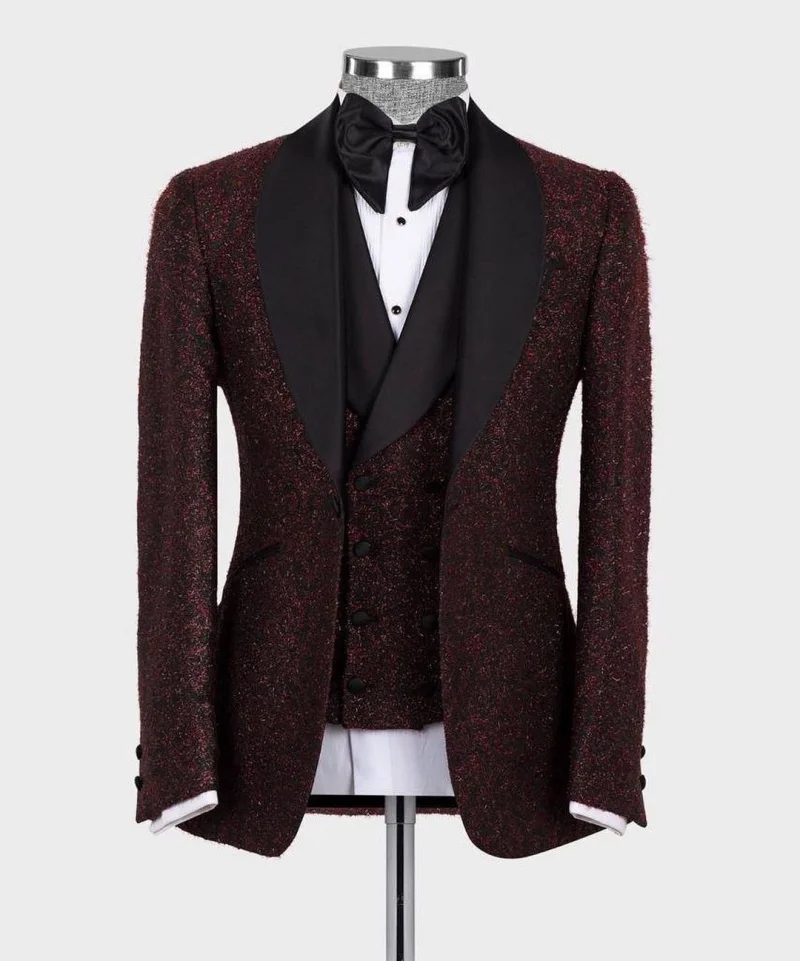 Traje Burdeos brillante para hombre, esmoquin para novio de boda, 2 orificios, Blazer, chaleco, pantalones, ocasión especial, trajes completos para hombre, ropa de fiesta