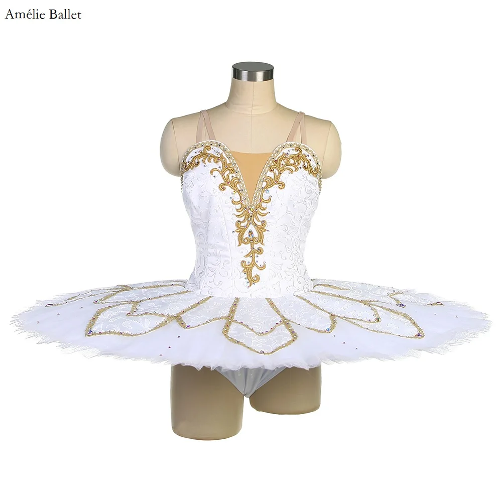 

B23016 Customized White Professional Ballet Pancake Tutu with Gold Trim Women & Girls Ballerina Performance or Competition Dress