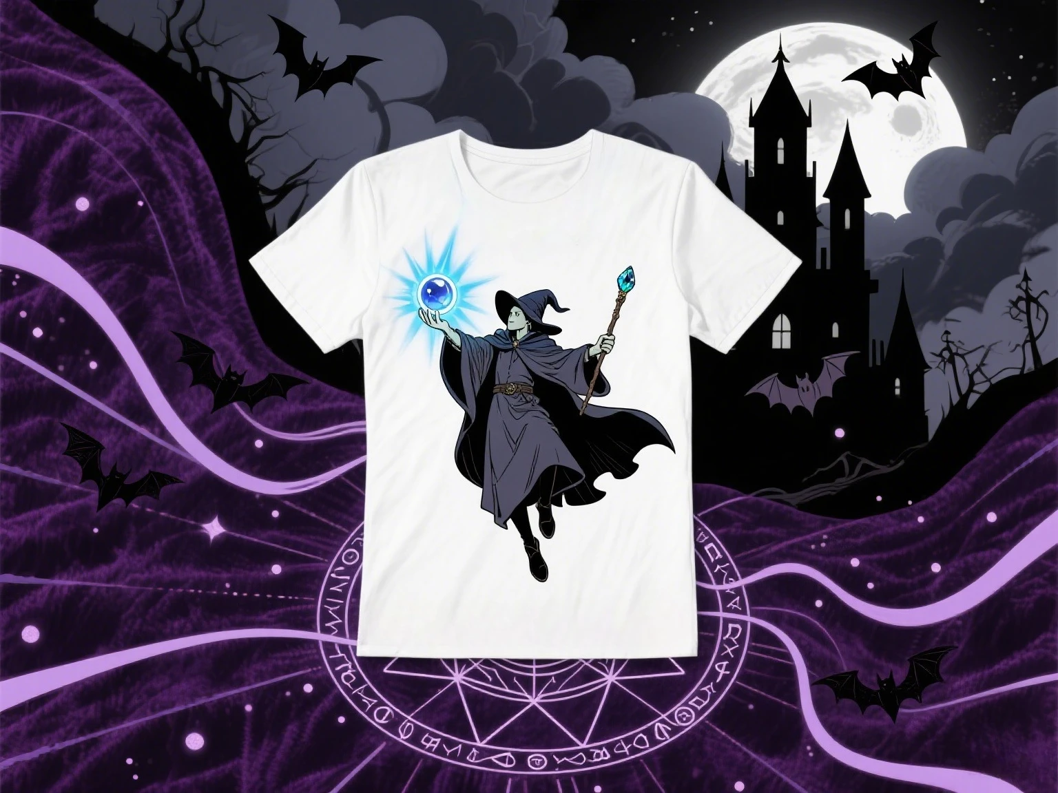 

Dreamy Magic Elf Crystal Ball Magic Stick Pattern Printed Casual Round Neck T-shirt for Men and Women Fashion