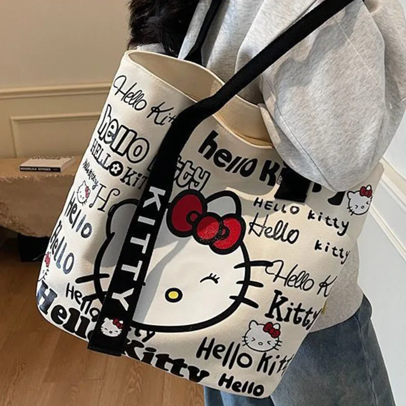 

Холщовая сумка Hello Kitty, модная женская сумка-тоут, милая пригородная универсальная сумка через плечо, большой вместительный дорожный рюкзак
