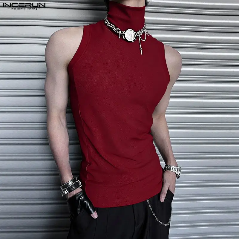 INCERUN Männer Tank Tops Einfarbig Rollkragen Ärmellose Männliche Westen Streetwear Sommer 2026 Gestrickte Mode Lässig Männer Kleidung
