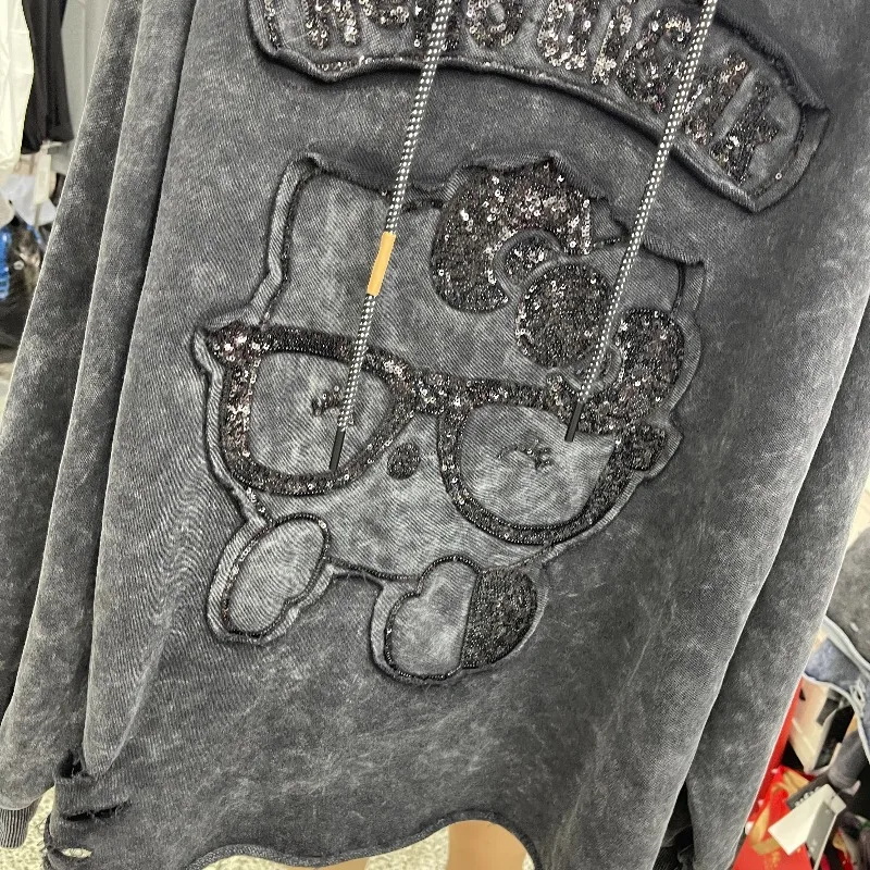 2025 Autumn New Heavy Patchwork Glasses Cartoon Sweatshirt Coat Women's Loose Slimming Versatile Age-Reducing Pullover Sudaderas