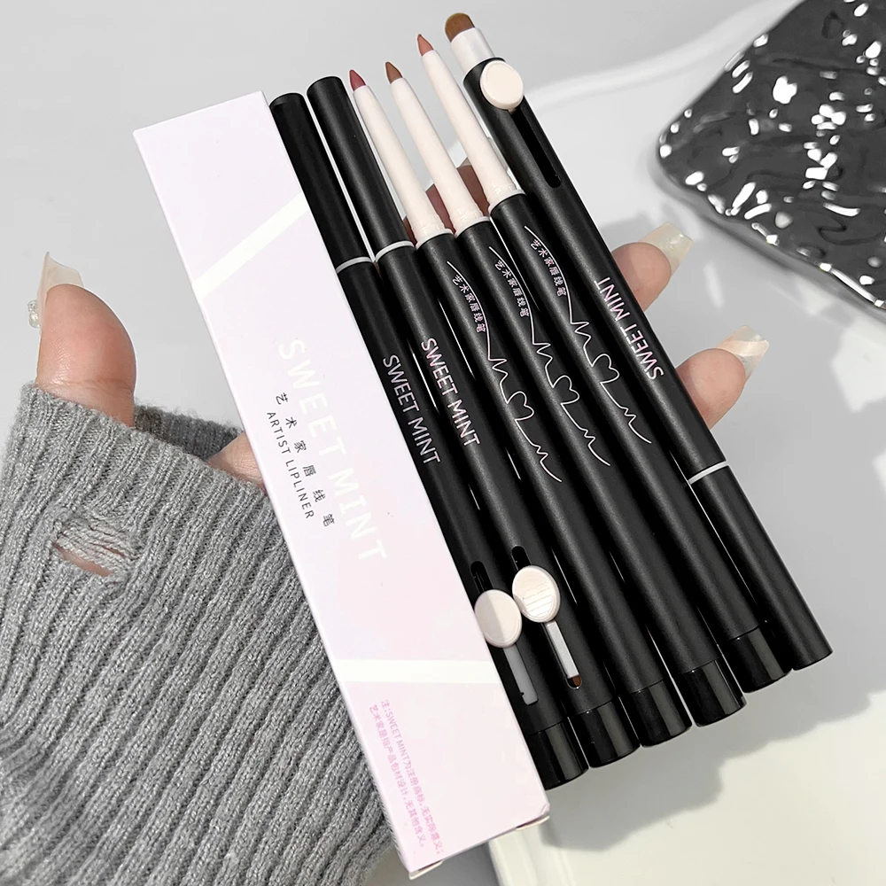 Lip Liner Pencil with Brush Double Sided Matte Nude Contour Lipstick Pen Waterproof Lasting Outline Lips Shape Korean Cosmetics