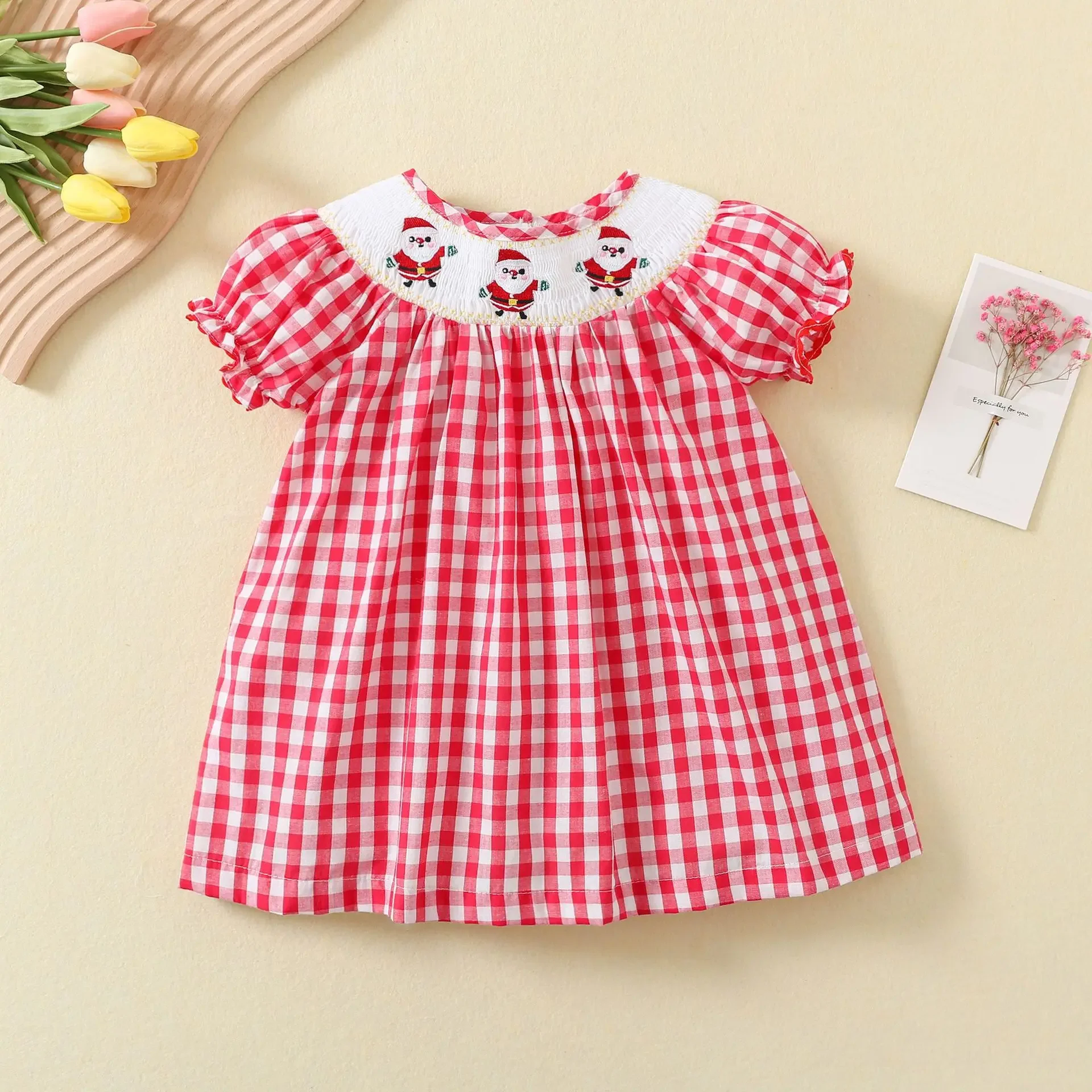 2024 Summer New Toddler Christmas Embroidery Dresses Baby Girls Smocking Dress Cotton Infant Casual Plaid Princess Clothing