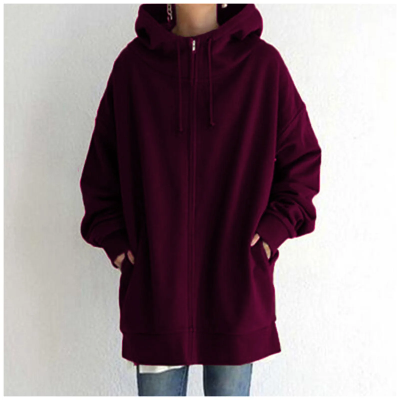 

Women's Sweatshirt Solid Color Oversized Zippered Hooded Longline Fleece Lined Streetwear Pullover Jacket Autumn Female Tops