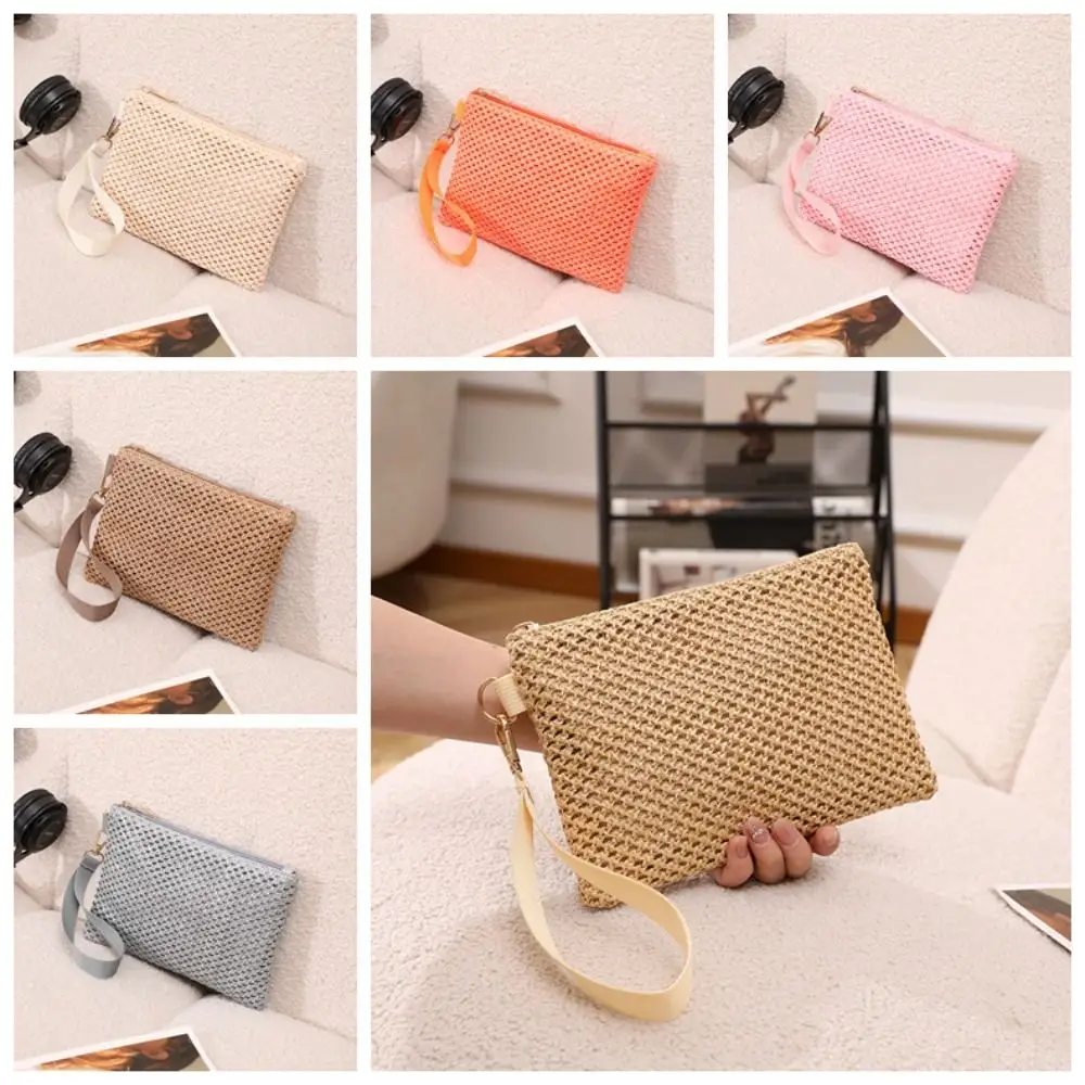 

Casual Korean Style Woven Coin Purse Solid Color Zipper Straw Clutch Bag Bohemian Casual Bag Colorful Wrist Bag Girls