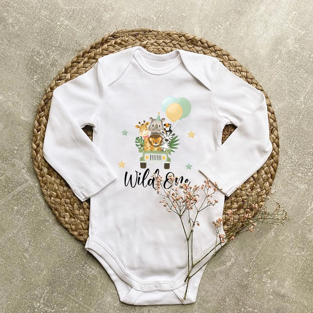 Wild One&Animal Print Baby Bodysuit Casual Long Sleeve Infant Jumpsuti Baby‘s First Birthday Boy Newborn Romper Clothes