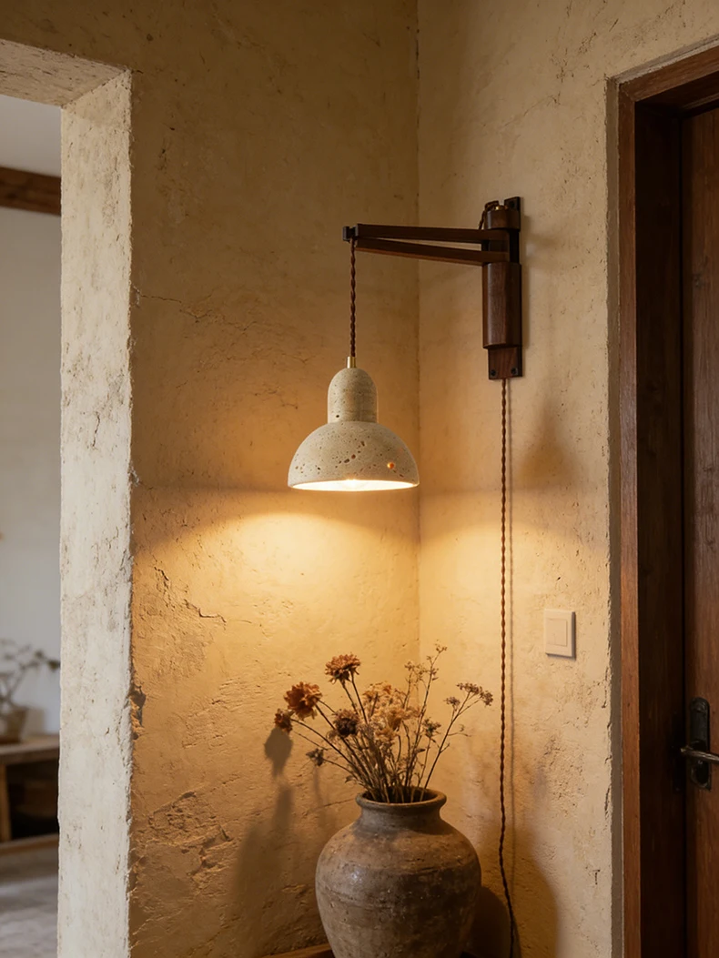 Natural Stone Wall Lamp Wooden Pole Can Rotate Light Reading