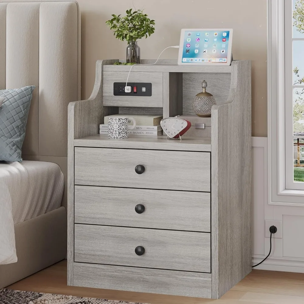 

Nightstand with Charging Station, Grey Night Stands with Hutch, 3 Drawers Bedroom End Table Bedside Table with 2 USB Ports & 2