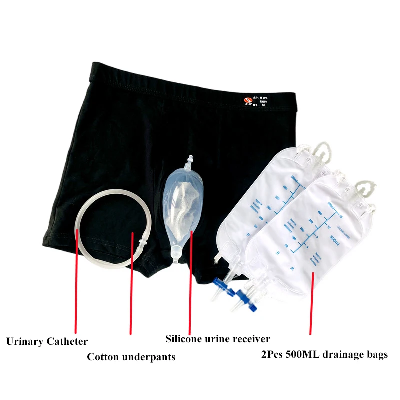 Incontinence Silicone Urine Collector Bag Underpants With Catheter Reusable Urinary Receiver Drainage Bag Shorts For Men Elderly