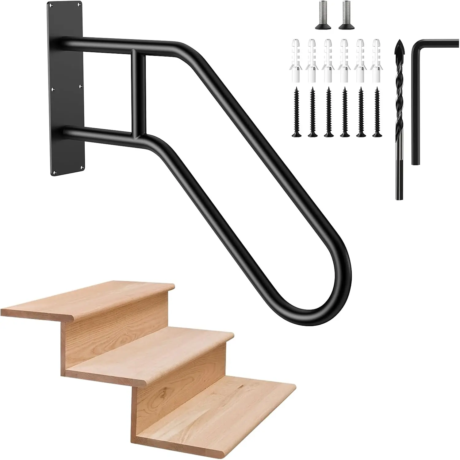 

1 Pack Black U-Shape Wall Mount Stair Railing for Outdoor Steps, Grab Bars Safety Handle for Garden Garage Porch Entry Interior