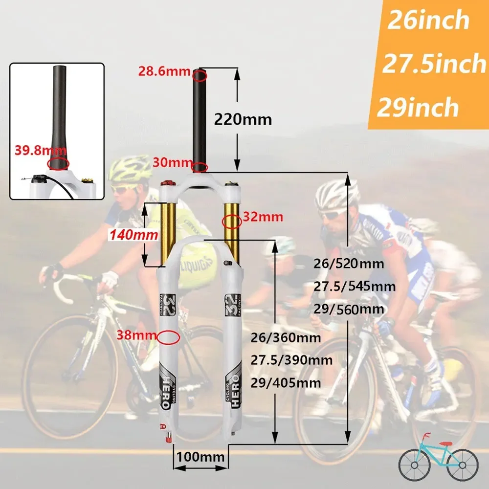 MTB Suspension Fork, Bicycle Shock Absorber, Road and Mountain Bike Compatible, White,Travel 140mm, Fits 26 