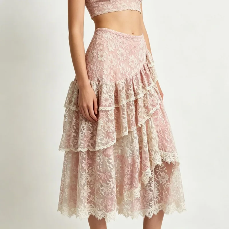 Women Pink Patchwork Skirt Summer Asymmetry Skirt