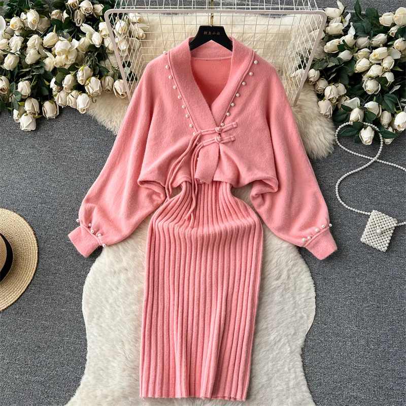 Autumn Winter Women Fashion Knitted Sets Long Slim Sling Dress Beaded Short Knitted Sweater Jacket Ladies Sweet Two-piece Sets