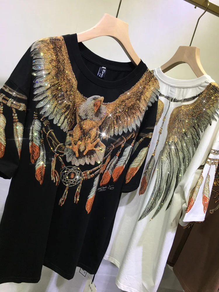 L-4XL Big Size Print Both Side Eagle Rhinestones Top Oversize T-shirt Women Men Loose Short Sleeve Hip Hop Graphic T Shirts Lady