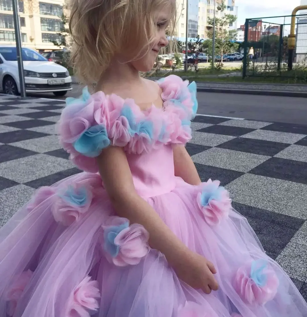 Girls Pageant Hand Made Flowers Tulle Girls Dresses Kids Formal Wear Birthday Christmas Wedding Party Events Dresses