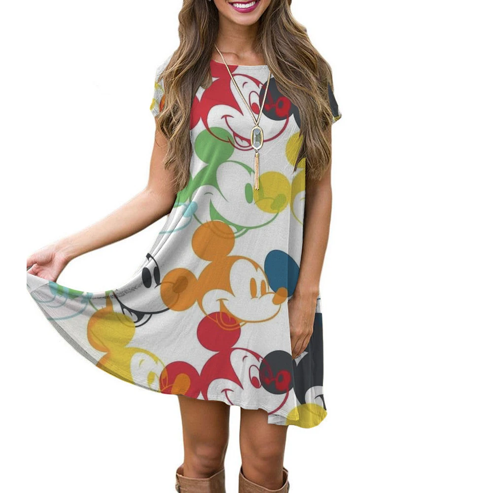 New Womens Dresses Casual Summer Midi Boho Maxi Dresses Vintage Disney Mickey Mouse print Dresses Bodycon Short Dresses ﻿