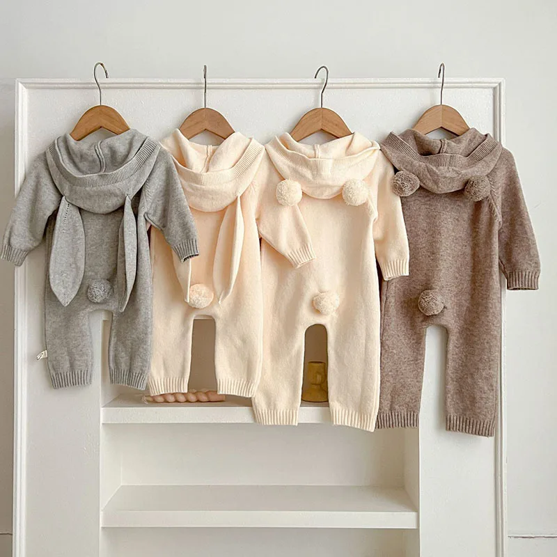 Autumn Winter Toddler Baby Boys Girl Knitted Romper Korean Style Long Sleeved Solid Color Hooded Infant Baby Knitted Jumpsuit
