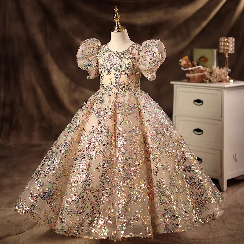 Girls Puff Sleeve Sequin Embellished Tulle Gown Ideal For Flower Girl Duties Birthday Celebrations Piano Performances And Weddin