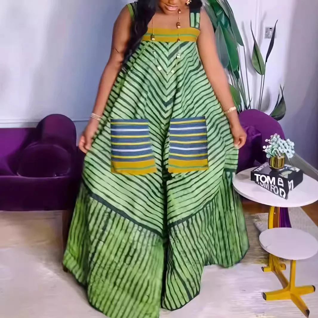 

Summer Suspender Striped Casual Loose Jumpsuit Beach Pendulum Party Halter Pocket Jumpsuit Women's 2026 Trend Retro Spring Model