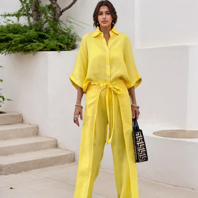 Set di camicie da donna eleganti Casual tinta unita in cotone e lino con bottoni colletto rovesciato camicia cintura gamba larga con spacco pantaloni irregolari