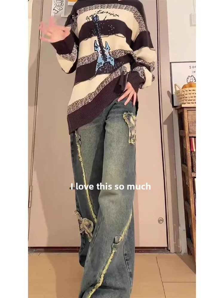 Large Size Embroidered  Side Zipper Denim Pants Women's Autumn Design Wide Leg Floor-Length Frill Pants Casual Sle