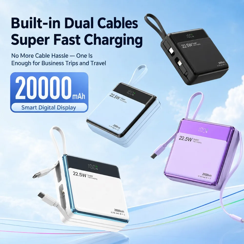 New Power Bank 20000mAh Built‑in Cable 22.5W Fast Charging Portable Charger, Backup Power Supply for IPhone Android Smartphones