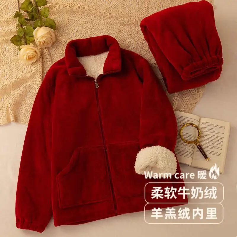 

Girl Winter Homewear Home Clothes Women's Pajama Set Double Layer Thickening Sleepwear Coral Fleece Lamb Zippered Nightwear