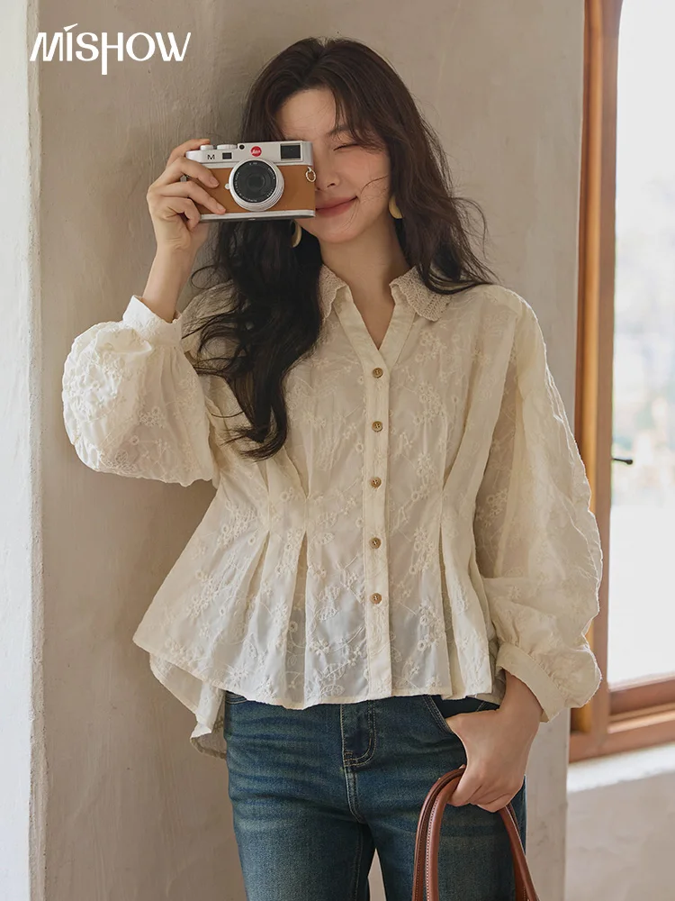 

MISHOW Women's Lantern Sleeve Blouse 2025 Autumn French Lace Hollow Out Lapel Collar Shirts Waist Hem Ruffle Tops MXE42C2372