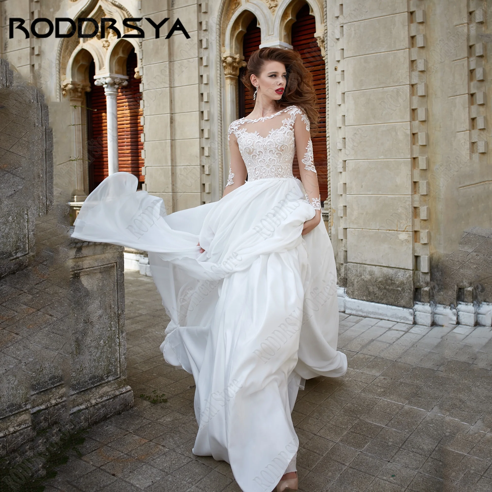 

RODDRSYA Chiffon O-Neck Wedding Dresses 2024 Lace Up Long Sleeves Applique Bride Gowns A-Line Custom Made свадебное платье