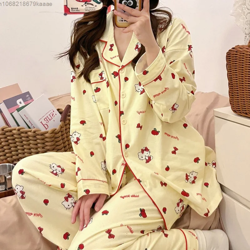 Sanrio Hello Kitty Cartoon Korean Version Cute Pajamas Women New Long Sleeved Sleepwear Y2k Sweet Girl Style Casual Home Clothes