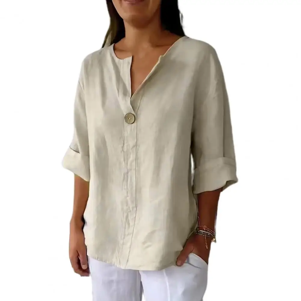 

Women T-shirt V-neck 3/4 Sleeve Button Decor Tee Shirt Loose Pullover Tops Summer Streetwear